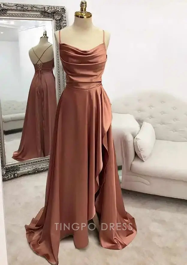 TingPo Wholesale Elegant A-line Bateau Spaghetti Straps LongFloor-Length Satin Prom Dress With Pleated Split